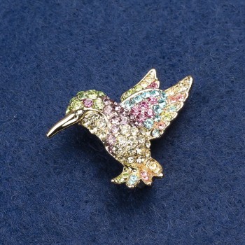 Hummingbird Brooch in Gold-Tone Metal and Crystals 25x33mm +