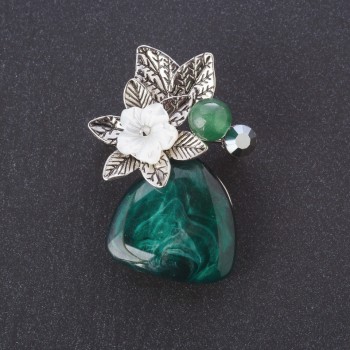 Brooch 'Pearlescent Flower Flora', nephrite bead (named after), agate cabochon in silver-toned metal
