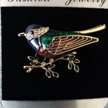 Bird on a Branch Brooch with Enamel and Crystals, Gold-Tone Metal 29x44mm