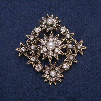Accent Brooch with Beads and Rhinestones, Gold-Tone Metal 53x53mm