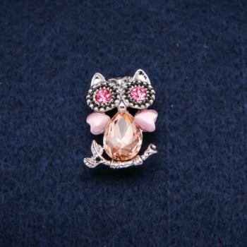 Brooch Owl: cat's eye, pink crystals, silver-tone metal 19×28mm