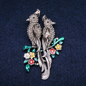 Parrots Brooch with enamel and gray rhinestones 42×67 mm