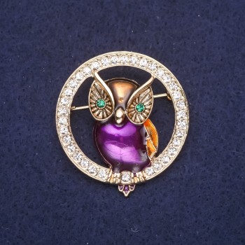 Brooch Owl in a Circle with enamel and crystals, color white yellow purple green, 36×40 mm, gold-tone metal