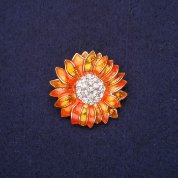 Brooch Flower with Crystals, Enamel, Orange Color, 29mm, Gold-Tone Metal
