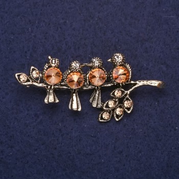 Birds on a Branch Brooch with Champagne-Colored Crystals, 55×25 mm, Gold-Tone Metal