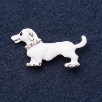 Brooch "Dachshund Albino" 4×2 cm with crystals, white enamel, gray metal