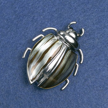 Beetle Brooch, silver-tone metal with enamel and black crystals, 58×24 mm +