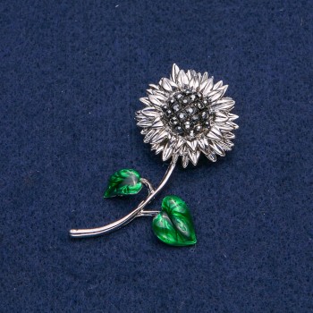 Sunflower Brooch in Silver-Colored Metal with Black Rhinestones, 56×27mm +