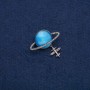 Brooch "Saturn Cat's Eye" with airplane, dark metal with white crystals 35x20mm +