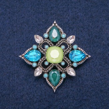 Brooch 'Flower' in Silver-Toned Metal with Crystals 44×44mm