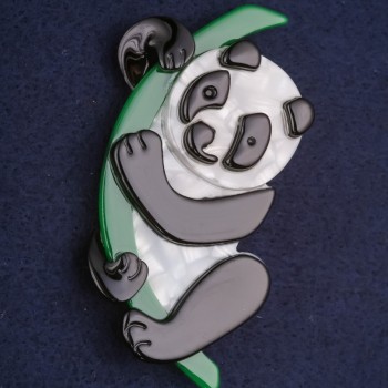 Panda Brooch - plastic, color white, black, and green, 74×40 mm