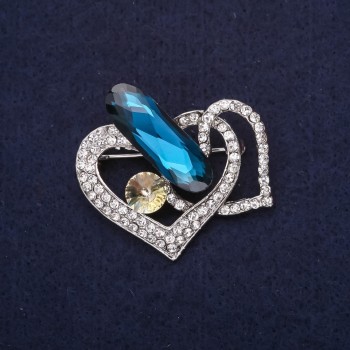 Heart Brooch with Crystals and Stone, White, Blue and Yellow, 38×36 mm, Silver-Tone Metal
