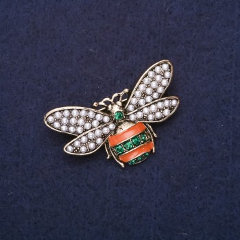 Bee Brooch with Pearls, Crystals, Enamel; Color Brown, Green and White; 40x24 mm; Gold-tone Metal