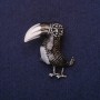 Brooch Toucan Bird with Crystals, White and Black Enamel, 38x36 mm, Silvery Metal