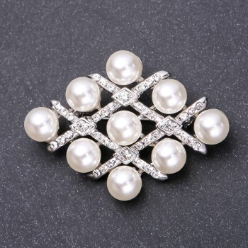 Pearl Rhombus Brooch, metal color "White Silver" 40x58mm