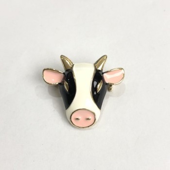Bull Head Brooch with Enamel, Gold-Tone Metal 25x28mm