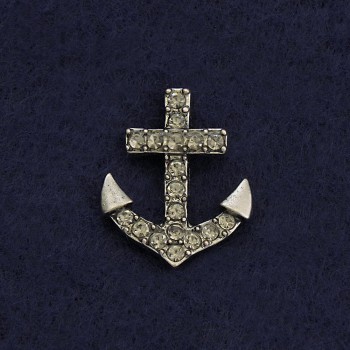 Brooch with butterfly clasp 'Anchor' 2 cm gray metal with rhinestones