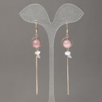 Xuping Earrings 18K Gold Plating with Pink Cat's Eye and White Crystals, 13 mm diameter, 100 mm length