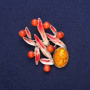 Brooch Leaves with Amber (Imitation) and Cat's Eye, Red Enamel, Gold-Tone Metal 38x53mm