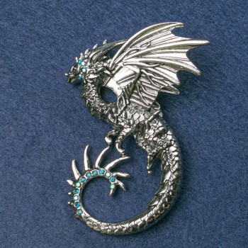 Dragon Brooch in Silver-Toned Metal with Blue Petrol Crystals 68x54 mm