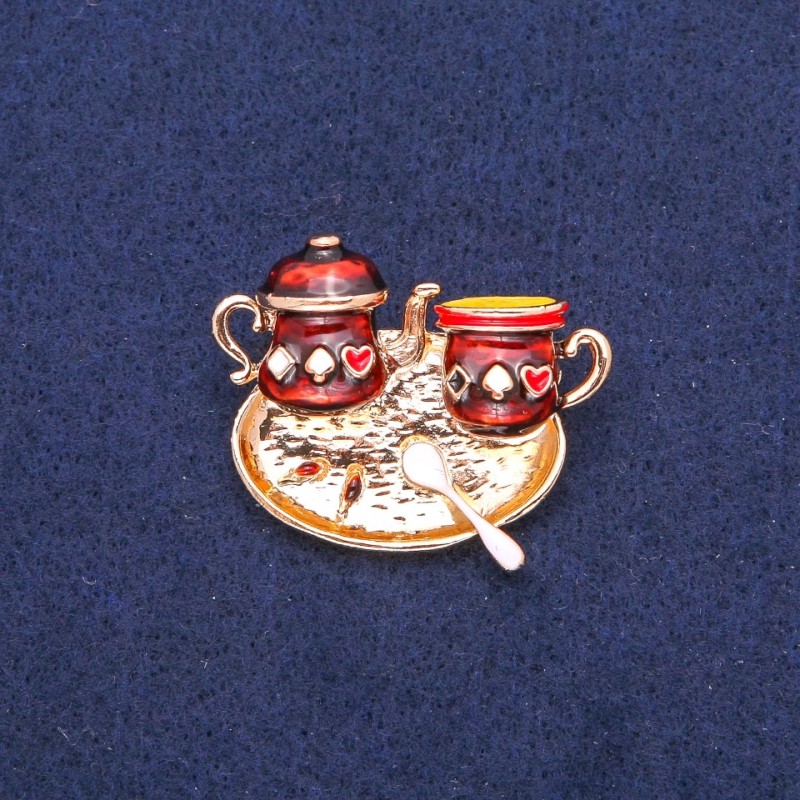 Brooch 'Tea Time' brown enamel, golden metal 31x36 mm