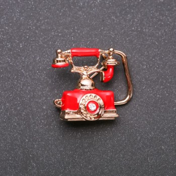 Brooch Phone red enamel yellow metal 27x24mm