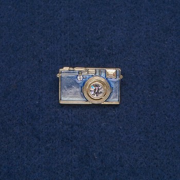 Camera Brooch in Gold-Toned Metal with Blue Enamel and White Stones, 30x17 mm +