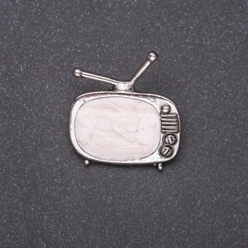 Brooch Television white enamel gray metal 25x26mm