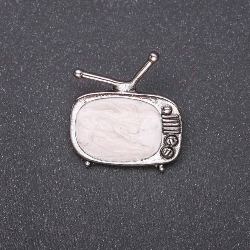 Brooch Television white enamel gray metal 25x26mm