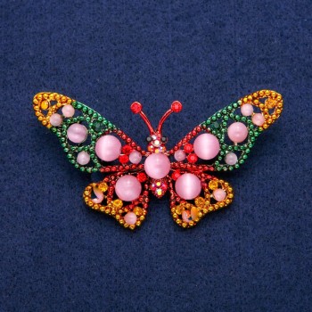 Brooch pendant Butterfly with Cat's Eye beads, enamel and crystals, 44x78mm, gold-tone metal
