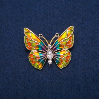 Butterfly Brooch with White Crystals and Multicolor Enamel, Gold-Tone Metal 31x37mm