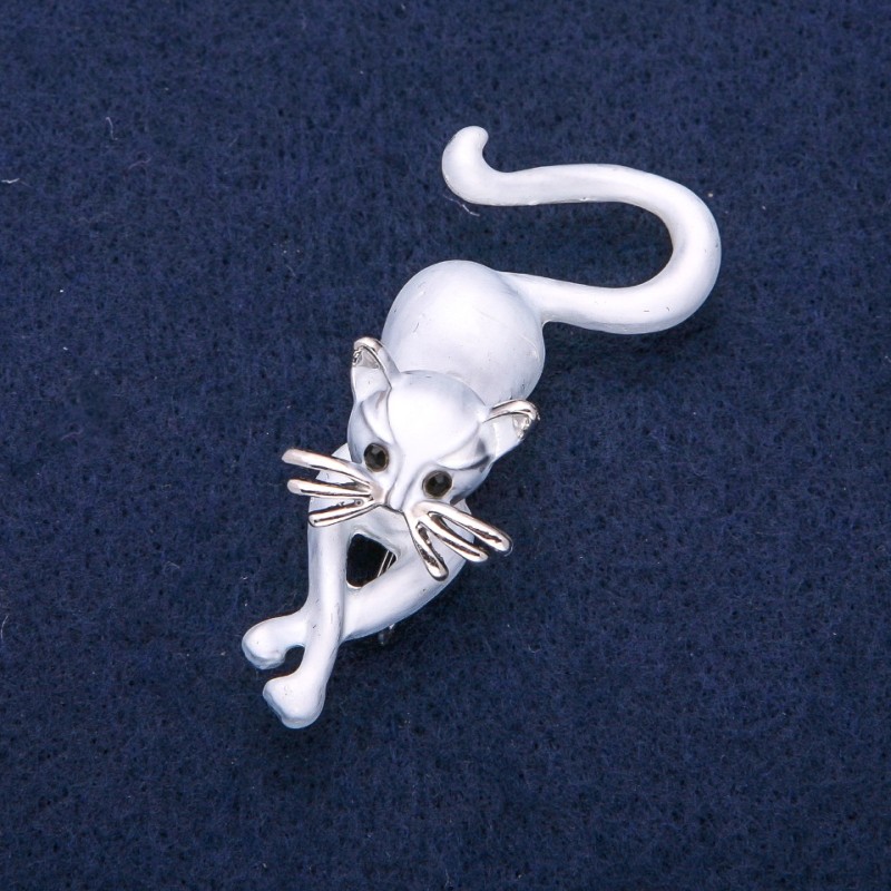 Cat Brooch Gray Enamel, Silver Metal