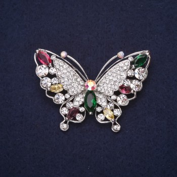 Butterfly Brooch with Crystals, Raspberry, White, Green and Yellow, 40x58 mm, Silver-Tone Metal