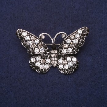 Butterfly Brooch with Crystals, White, Black, and Gray, 47×29 mm, Silver Metal