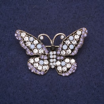 Butterfly brooch with blue and white crystals, 28×47 mm, silver metal