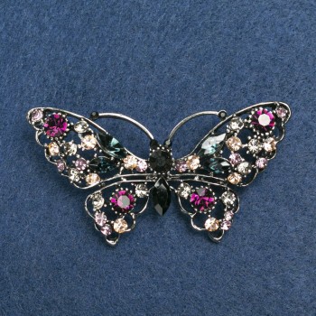 Butterfly brooch with multicolored rhinestones, silvery metal 70×39
