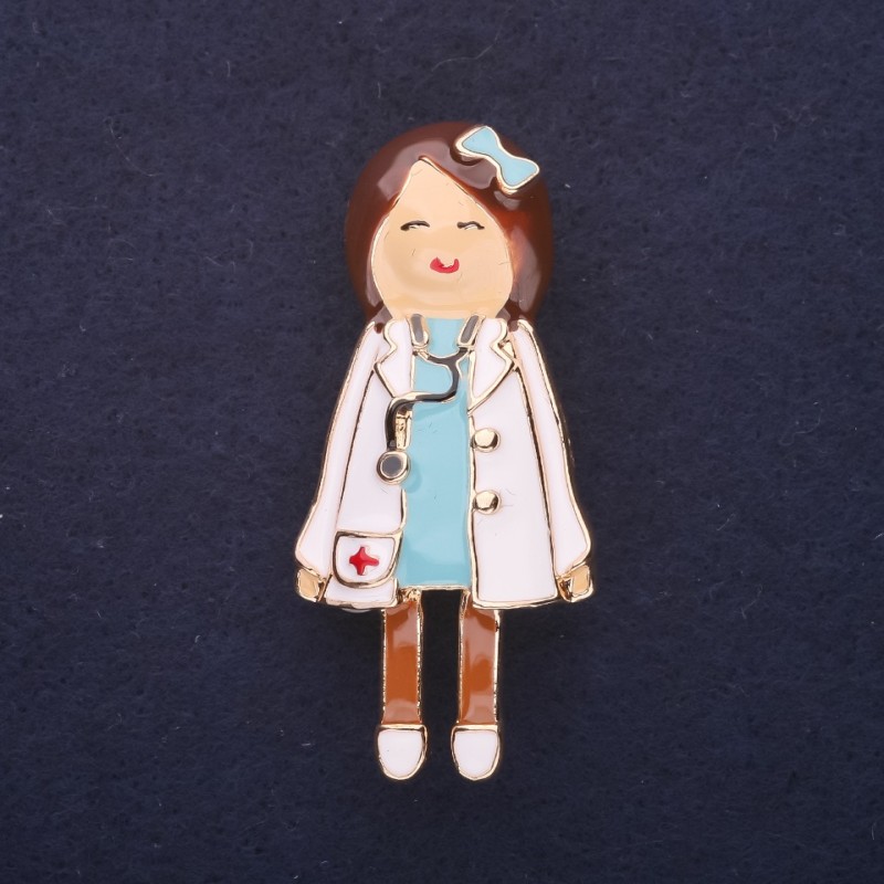 Brooch Doctor enamel, white-blue color, 49x22 mm, gold-toned metal