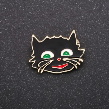 Brooch 'Cheshire Cat' with black enamel and silver-tone metal 27x22mm