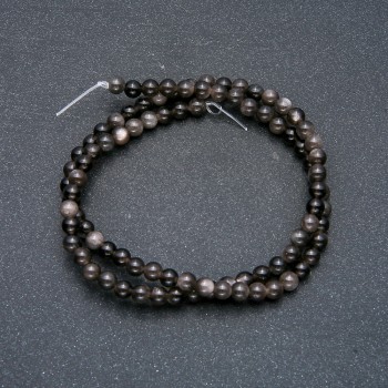 Beads on a Thread - Silvery Obsidian, Smooth Bead, 4 mm Diameter + -, 39 cm Length +