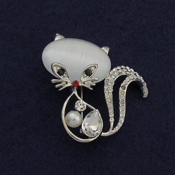 Brooch Kitty Cat's Eye, white color, with white crystals, 44x39 mm, silver-toned metal