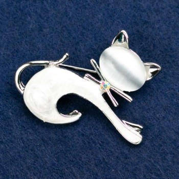 Brooch 'Kitty Cat's Eye' with Gray Enamel, 37x44 mm, Silvery Metal