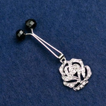 Flower-shaped Brooch with White Crystals and Black Beads, Silver-toned Metal 55x20mm