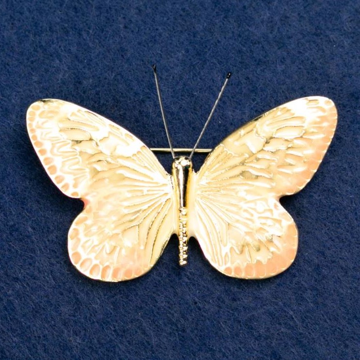 Peach-Colored Butterfly Brooch, gold-tone metal, 55x39 mm