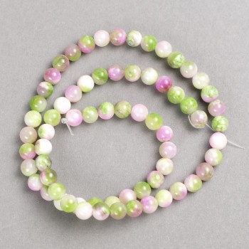 Green-Pink-White 'Tourmaline' Beads (Acrylic) on Monofilament Thread, Smooth Round Beads, 6mm Diameter, 40cm Length ±