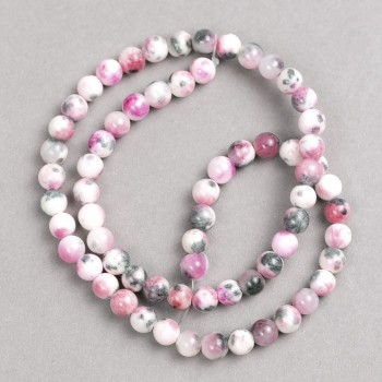 Beads white, gray, pink 'Rhodonite' (acrylic) on beading thread, smooth spheres, diameter 6mm ±, length 40cm ±