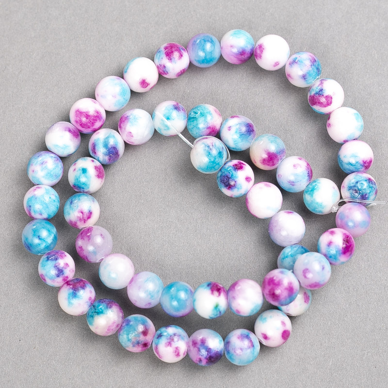 Beads pink-blue-white 'Agate' (synthetic acrylic) on thread, smooth round bead, 8 mm diameter, 40 cm length