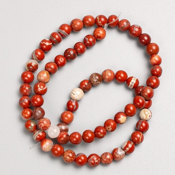 Red jasper beads on fishing line, natural stone, 6.5 mm diameter, 38 cm length