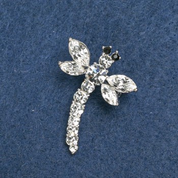 Dragonfly Brooch, silvery metal, white rhinestones 36×28 mm +