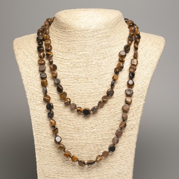Long Tiger's Eye bead necklace with texturing, bead diameter 5x8-10 mm, length 110 cm