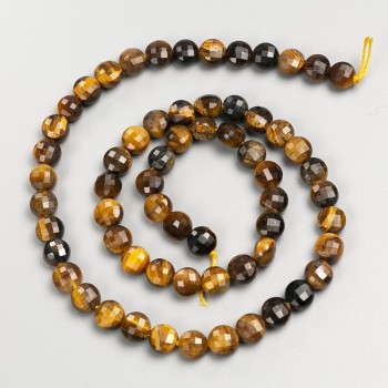 Tiger's Eye natural stone beads - Faceted coin beads on thread, diameter 6.5×5 mm, length 39 cm